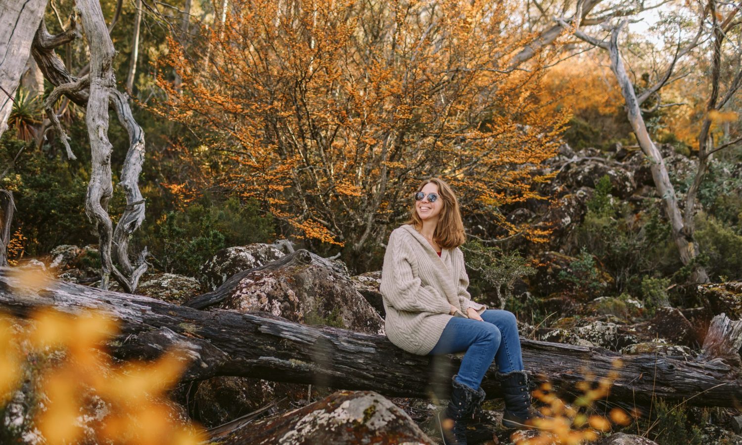 Image of a red haired woman in casual clothes sitting on a log with a tree with orange foliage as a background.