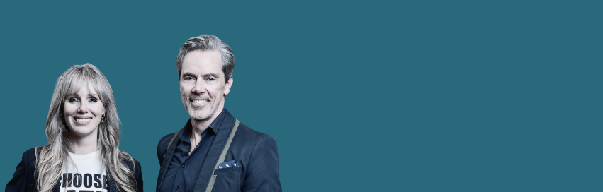 Landscape image of a man and a woman against a teal background. Woman has long blonde hair and wears a white t-shirt with slogan and man wears a blue suit.