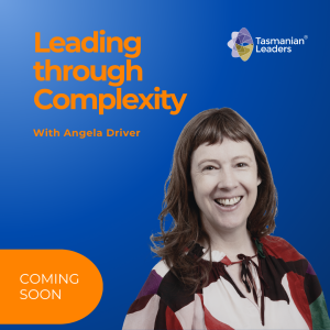 Leading through Complexity tile has a blue background and orange text, include portrait of Angela Driver with long brown hair, bright multicoloured top smiling at the camera.