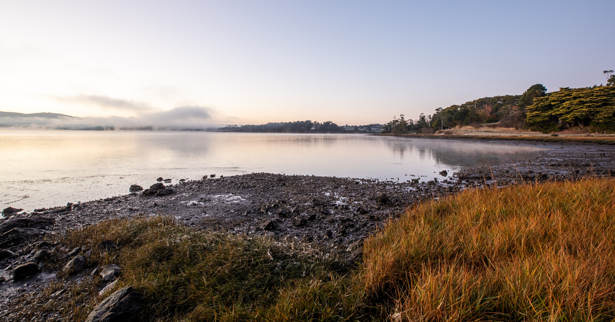 Image of a rocky bank in front of river with swirling low cloud over the water, taken as the sun is going down.