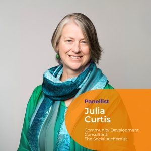 A portrait image of Panellist Julia Curtis. She has short straight hair and wears a brightly coloured aqua scarf and green shirt. She looks directly at the camera and smiles.