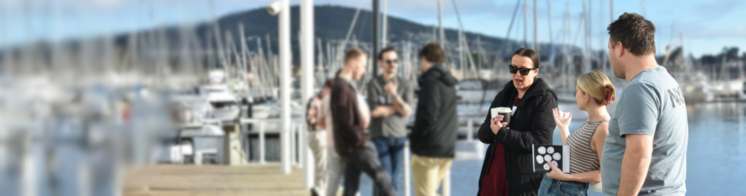a group of people are standing on a pier, two groups in conversation with each other. There is a marina filled with boats behind them, and a mountain in the distance