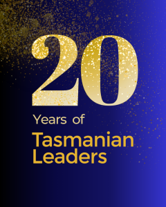 Logo for the 20 years of Tasmanian Leaders event. Image of a gold 20 Years of Tasmanian Leaders on a blue gradient background, with gold glitter behind the words from the top left hand side