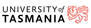University of Tasmania logo. The words UNIVERSITY of TASMANIA stacked in Black. On the Right is the stylised outline of a Red Griffon