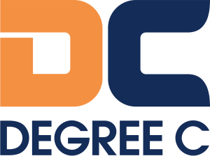 Corporate logo for Degree C. An orange D and a navy C above navy DEGREE C