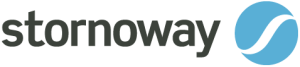 Stornoway corporate logo. dark grey lowercase text "stornoway' with a blue circle divided by a white stylised "S" to the right of the text