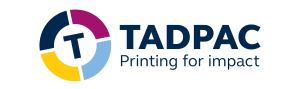TadPac corporate logo. A quartered circle in navy, pink, yellow and pale blue with a large capital navy 'T" in the centre. The text "TADPAC Printing for impact" in navy to the right of the circle