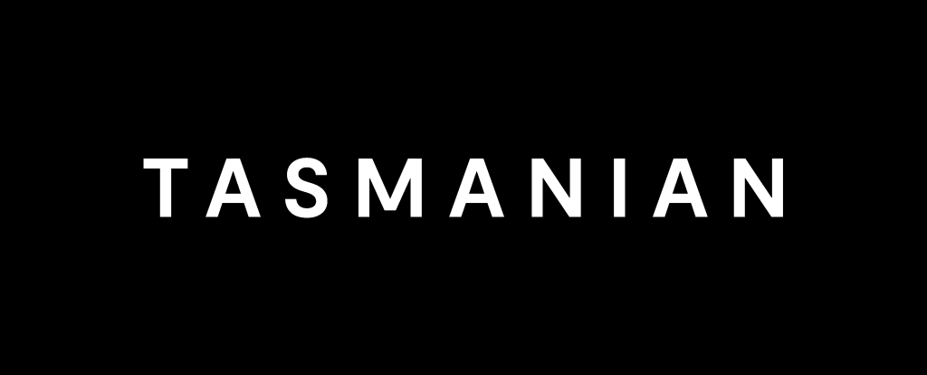 Brand Tasmania Logo. A large Black rectangle with the word "Tasmanian" in all caps