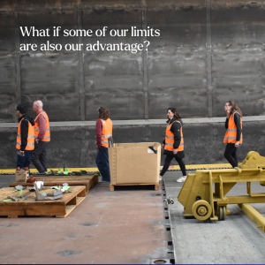 Alt text: Tasmanian Leaders participants wearing high-visibility vests walk through an industrial setting with equipment and materials in the foreground. Text asks, “What if some of our limits are also our advantage?” and promotes the Leadership Lab in Launceston on 11 September.