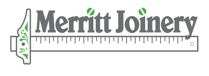 Merritt Joinery logo in charcoal grey and green, incorporating a ruler and stylised woodworking plane.